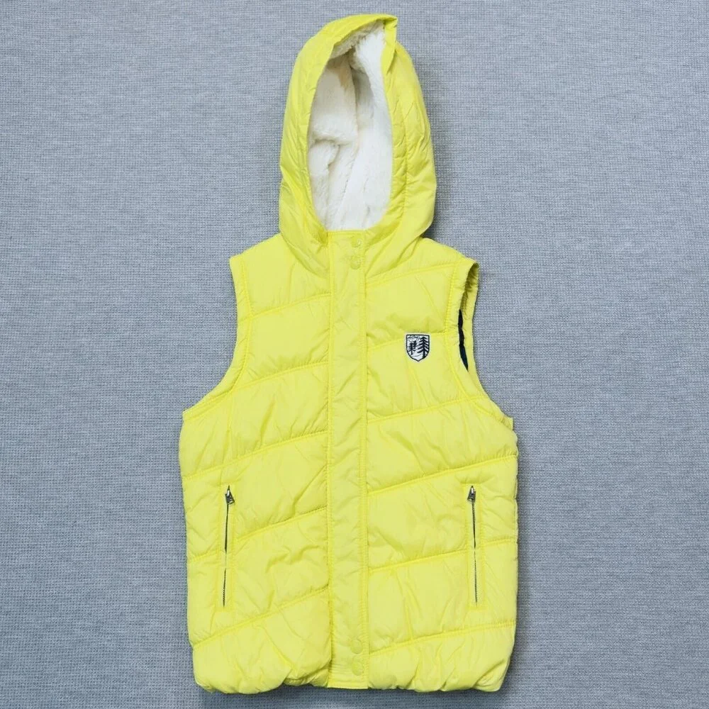 American Eagle Womens Yellow Puffer Vest Faux Fur Hooded Zip Pockets Size Small - Picture 4 of 16